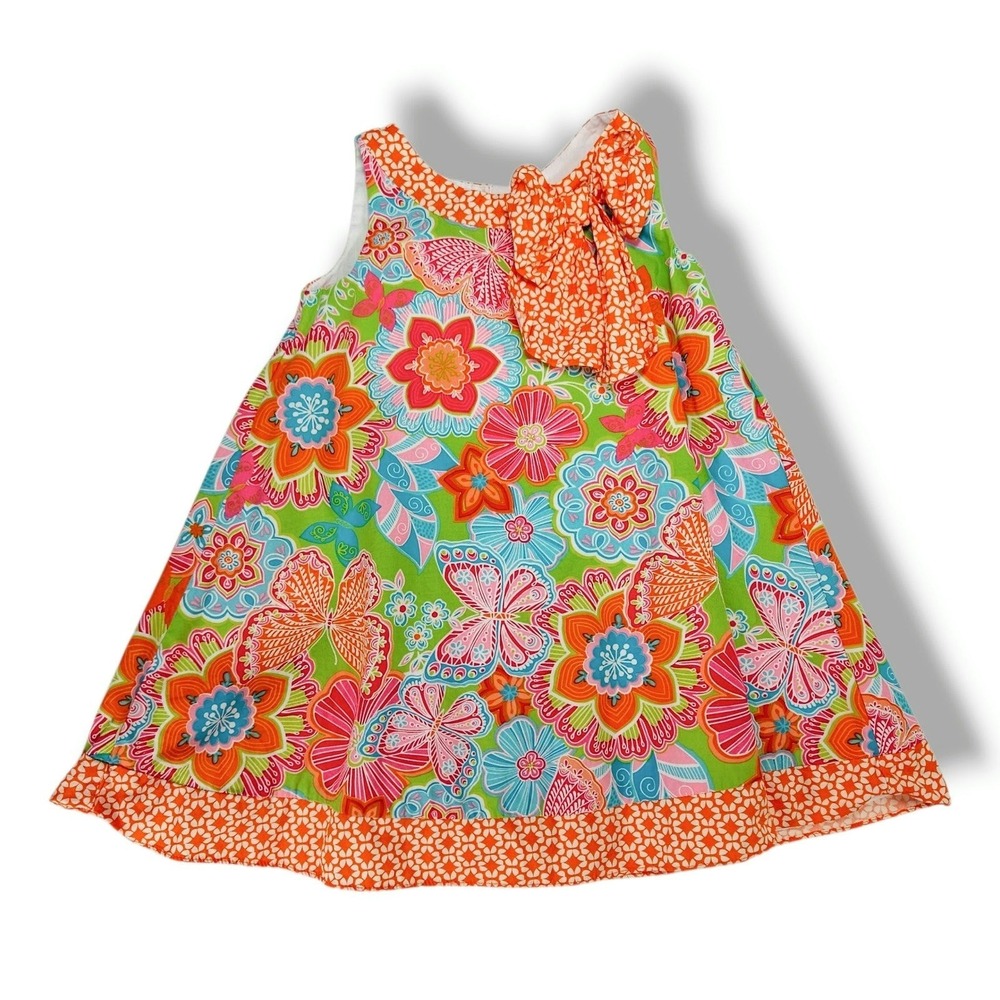 Counting Daisies Girls Butterfly Floral A Line Tie Back Dress Green‎ Orange 4T